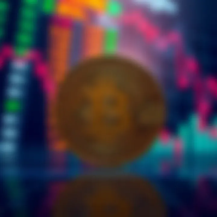 A visual representation of Bitcoin with a declining stock exchange background and a focus on peer-to-peer trading