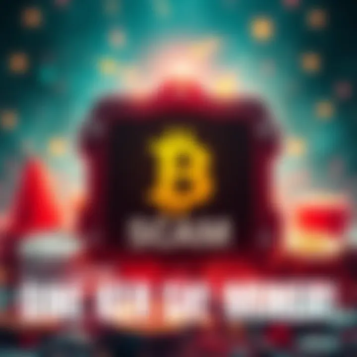 A warning sign indicating the Bitcoin One Shot Miner is a scam, with visuals of cryptocurrency symbols and a red alert symbol.