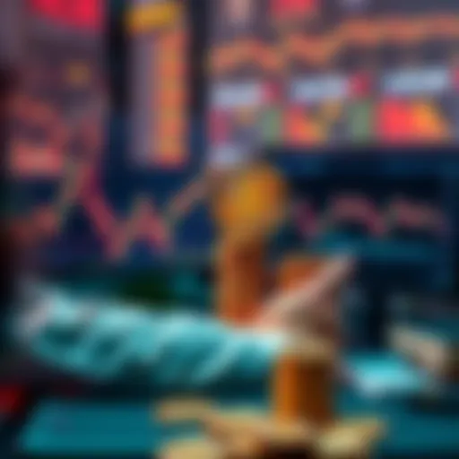 A person studying Bitcoin graphs on a computer, looking overly confident while holding a stack of coins, symbolizing Dunning-Kruger syndrome.