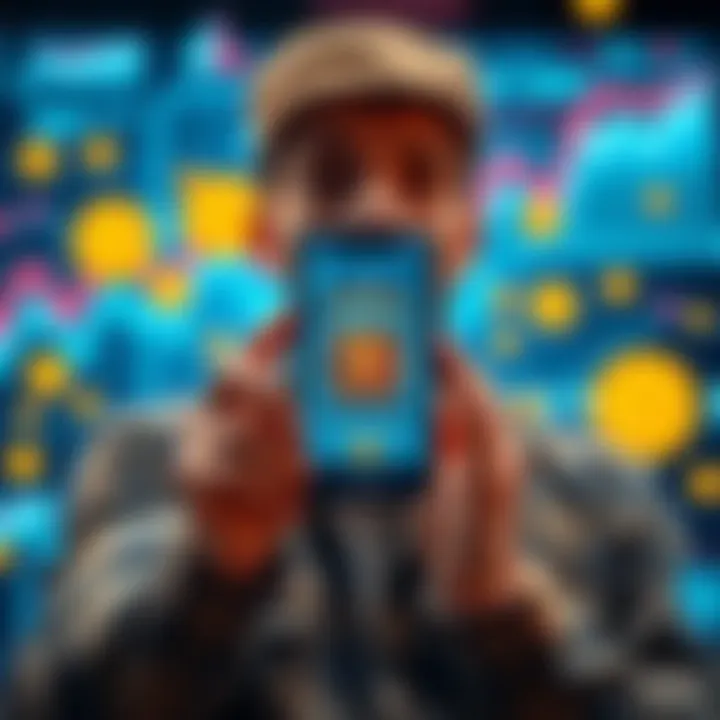 A person holding a smartphone displaying a Bitcoin wallet app, looking excited about owning Bitcoin, with coins and digital graphics in the background.