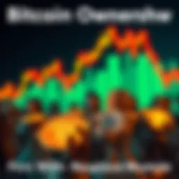 A graphic showing a small group of people holding Bitcoin coins against a backdrop of a rising price chart, symbolizing limited ownership among a large population.
