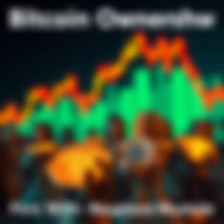 A graphic showing a small group of people holding Bitcoin coins against a backdrop of a rising price chart, symbolizing limited ownership among a large population.