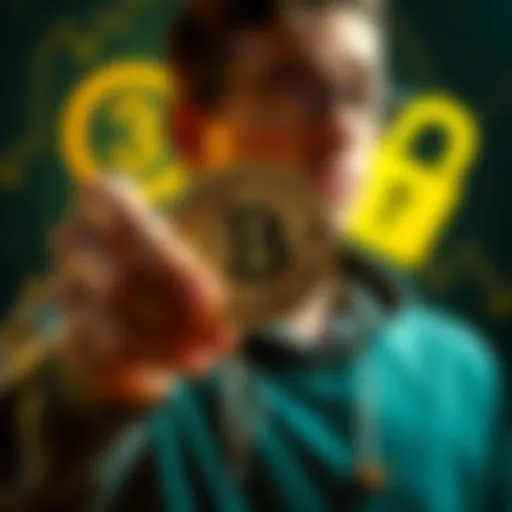 A person holding a physical Bitcoin and looking concerned about digital security, with a graphic of a key in the background.