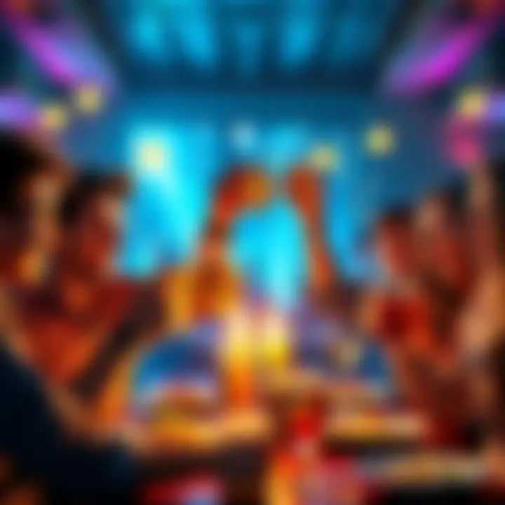 A group of friends raising glasses at a lively Bitcoin-themed party, enjoying food and drinks while discussing cryptocurrency.