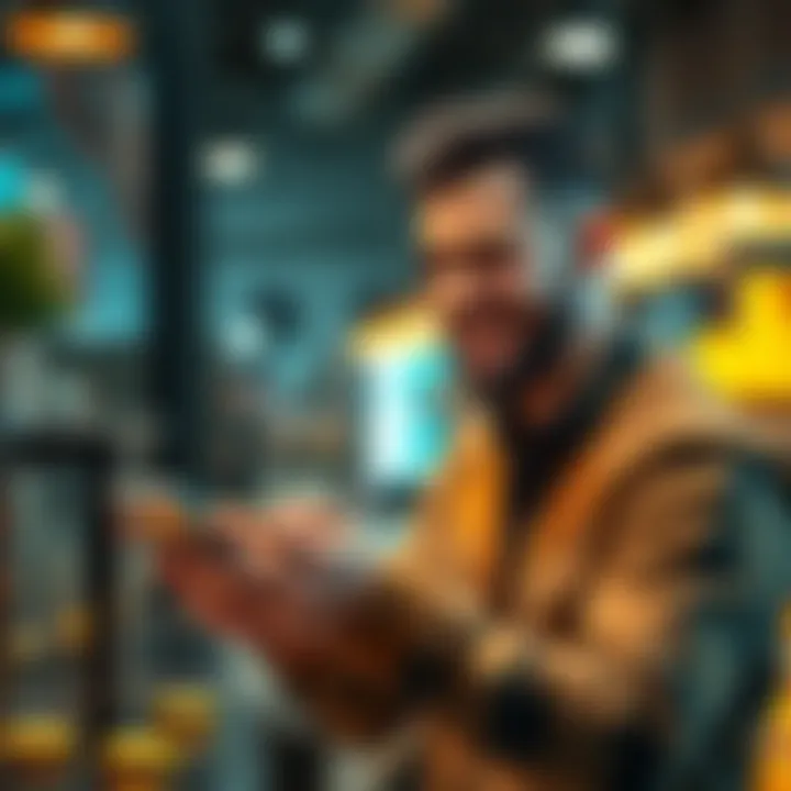 A business owner smiling while accepting Bitcoin payments from a customer on a smartphone