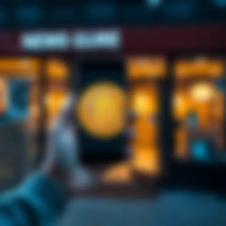 Bitcoin payment concept A person holding a smartphone with a Bitcoin logo and a store entrance in the background