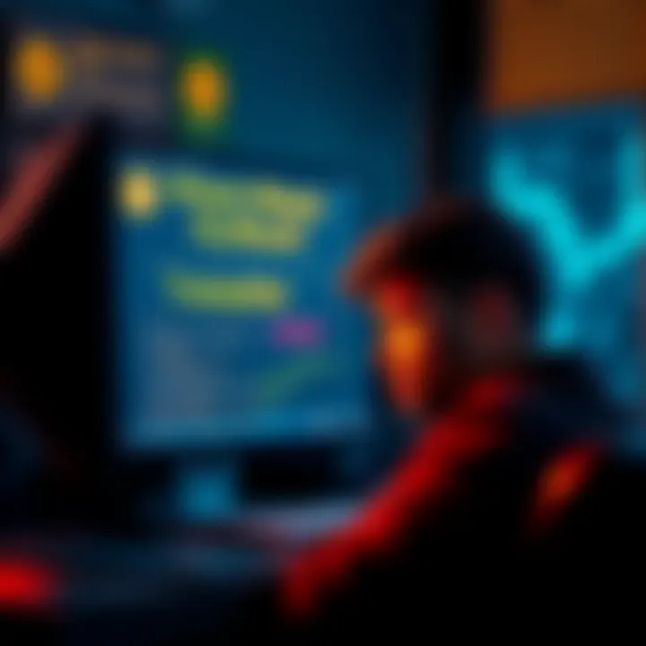 A person looking frustrated at a computer screen showing a delayed Bitcoin transaction message.