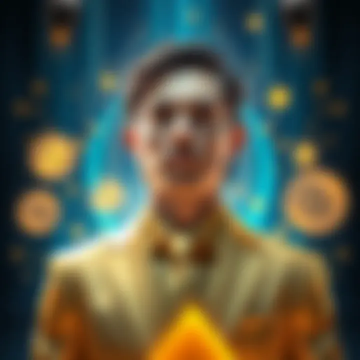 A man representing Bitcoin, wearing a golden suit, with digital elements and cryptocurrency symbols around him, showing human traits and characteristics.