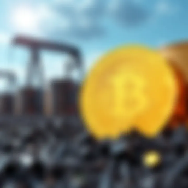 Bitcoin and oil trade concept Bitcoin coin near oil barrels, symbolizing the shift from petrodollar to cryptocurrency in energy transactions.