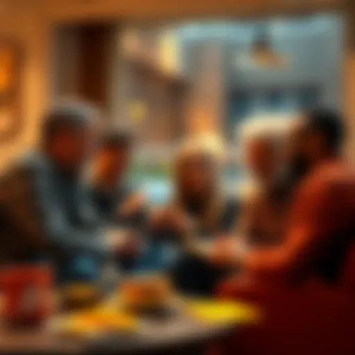 Group of Bitcoin pioneers discussing tips in a relaxed setting, showcasing enthusiasm for cryptocurrency.