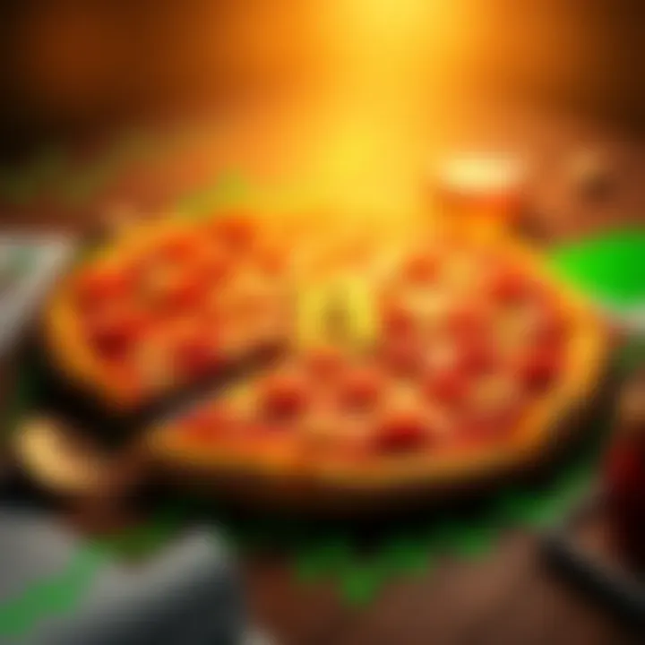 A table with hot pizza slices featuring Bitcoin symbols on top, surrounded by green charts, celebrating Bitcoin Pizza Day.