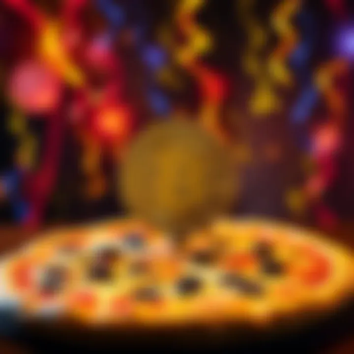 A celebration scene featuring two pizzas with a Bitcoin symbol, representing the historic Bitcoin Pizza Day.