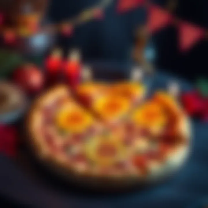 A festive scene featuring pizza slices with Bitcoin symbols, celebrating Bitcoin Pizza Day and the chance to win USDC.