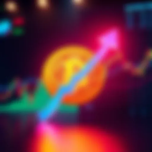 A graphic showing a Bitcoin symbol with an upward and downward arrow, representing price prediction options in a market setting