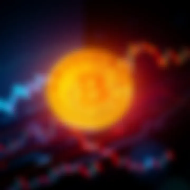 A line graph showing Bitcoin's price fluctuations over time with a downward trend in public interest indicators like Google searches and forum activity.