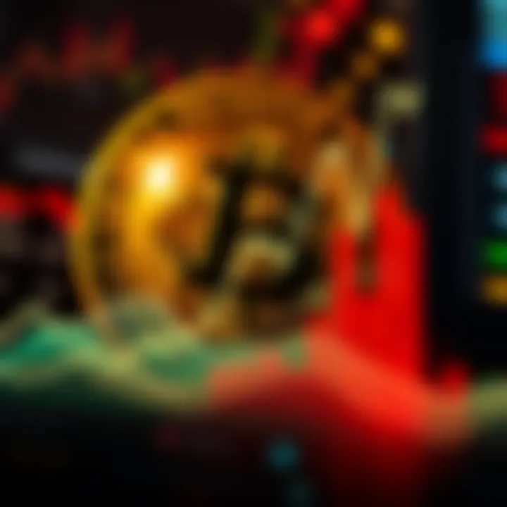 A downward trend line indicating a fall in Bitcoin's value, with a Bitcoin logo in the background.