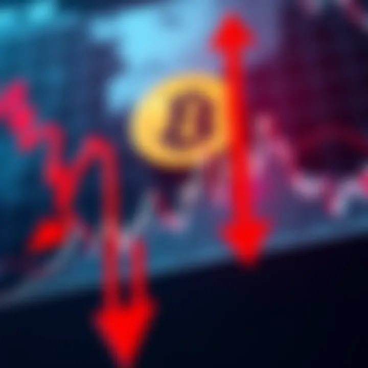 Bitcoin price dip on a chart A chart showing a significant dip in Bitcoin's price with red arrows indicating a drop, illustrating investor anxiety during market fluctuations.