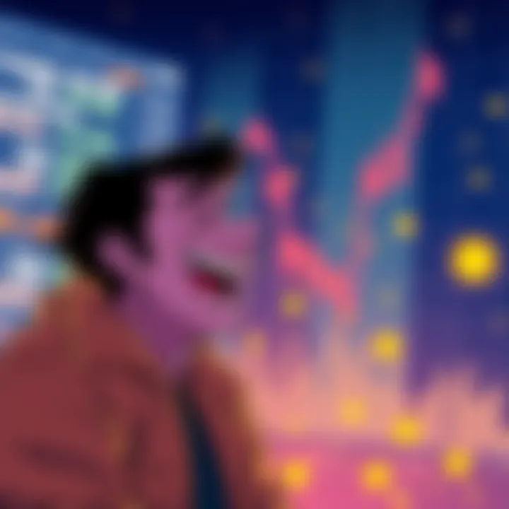 Bitcoin price dip humor A cartoon of a person laughing while looking at a falling Bitcoin chart, representing the humor in market downturns.