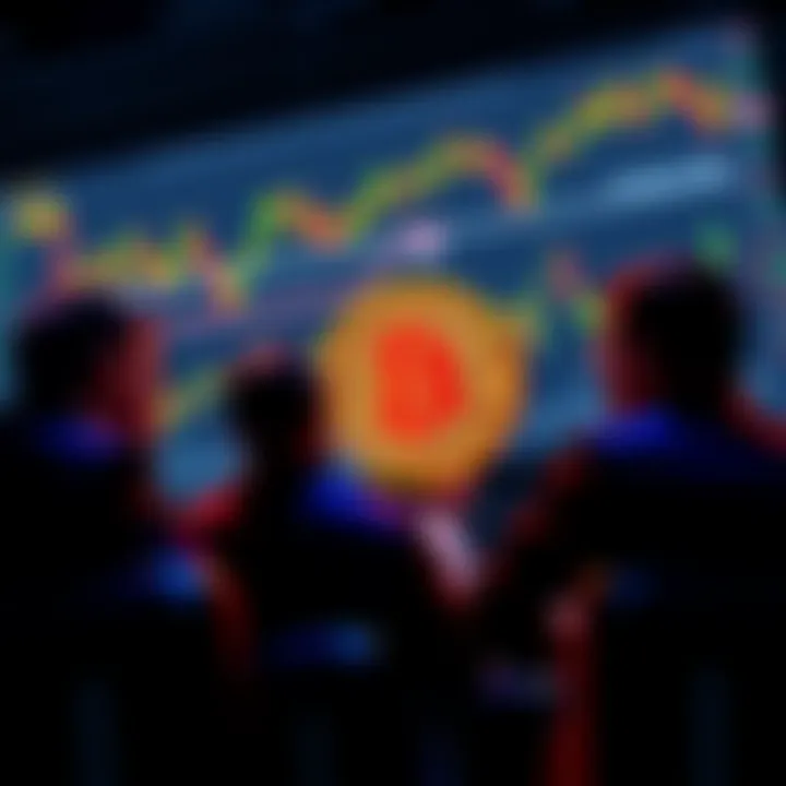 A group of people discussing Bitcoin prices with charts in the background