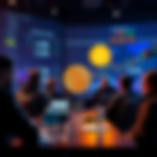 Investors discussing Bitcoin price predictions on forums with graphs and charts in the background