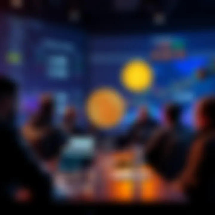 Investors discussing Bitcoin price predictions on forums with graphs and charts in the background