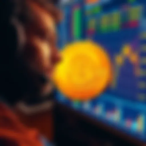 A trader looking concerned while watching Bitcoin's price fall on a digital screen