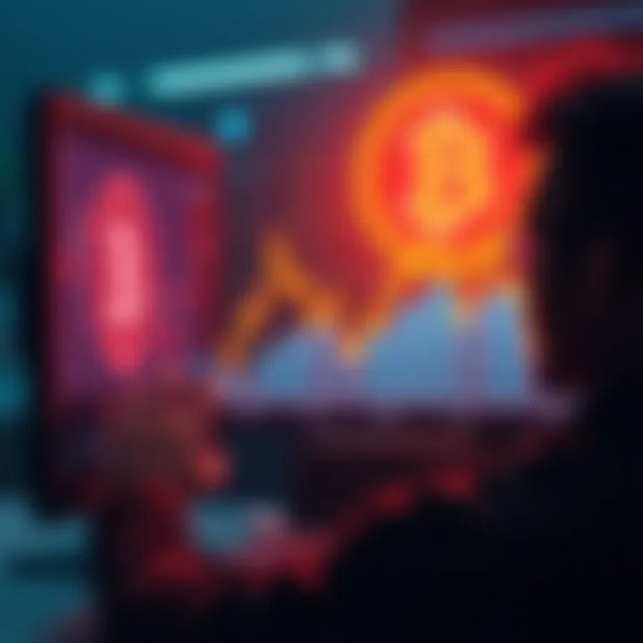 A graphic showing a downward trend in Bitcoin prices with a frustrated investor looking at a screen, illustrating concerns about when to reinvest.