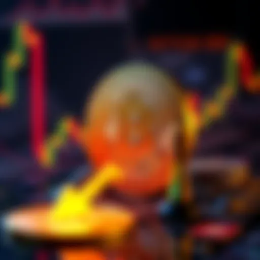 A digital representation of Bitcoin with a downward arrow indicating a price decline