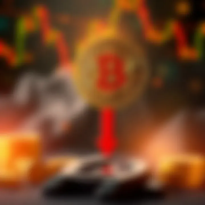 A graphic showing Bitcoin symbol with a downward arrow, indicating a price drop below $68,000 due to geopolitical tensions.