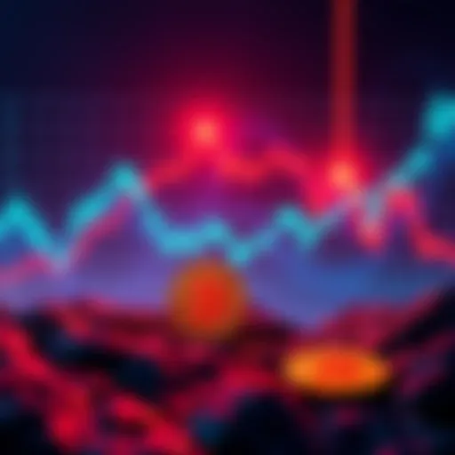A graph showing Bitcoin's declining value with a red downward trend line and symbols of uncertainty around it.