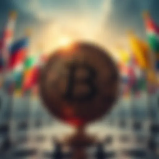 A visual representation of falling Bitcoin prices against a backdrop of global flags symbolizing geopolitical unrest.