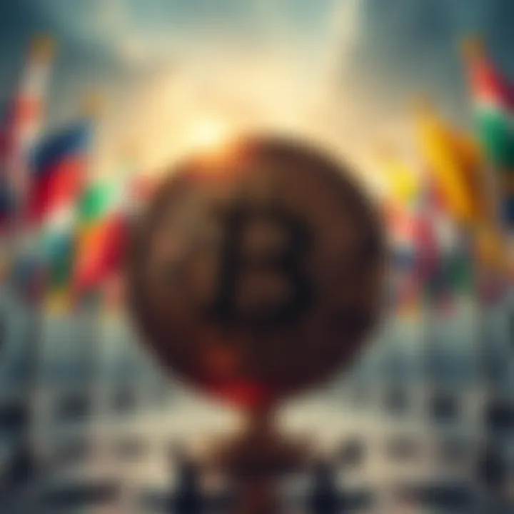 A visual representation of falling Bitcoin prices against a backdrop of global flags symbolizing geopolitical unrest.