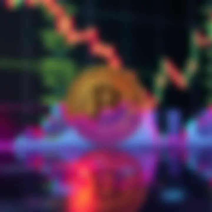 A downward trend line overlaid on a Bitcoin symbol, showing a recent dip in Bitcoin's value against a market backdrop.