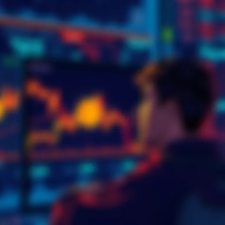 A graph showing a downward trend in Bitcoin prices with a worried investor looking at the screen.