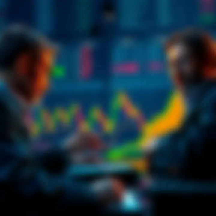 Traders analyzing Bitcoin charts with a downward trend projection