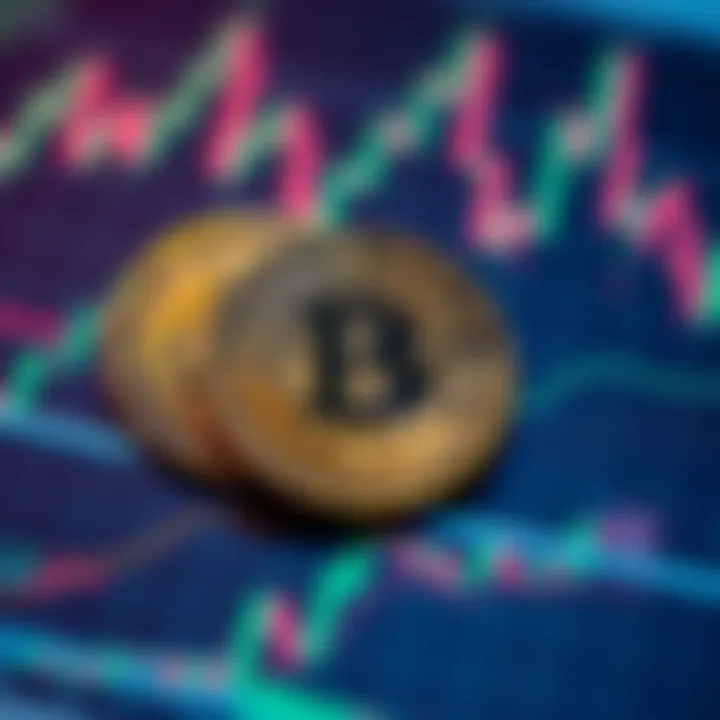 A close-up of Bitcoin coins resting on a fluctuating financial chart, showing the concept of price stability and volatility.
