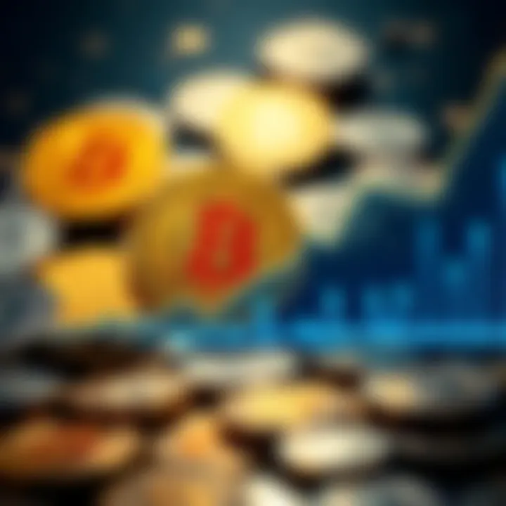 Graph showing rising Bitcoin prices with a background of gold and silver coins