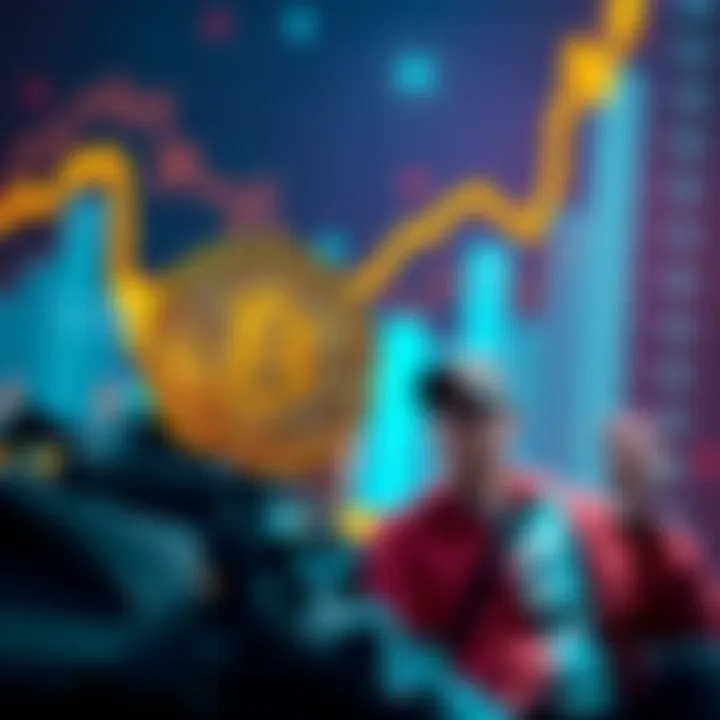 A digital representation of Bitcoin with a rising graph indicating price increase, alongside a sad investor reflecting on higher entry price.