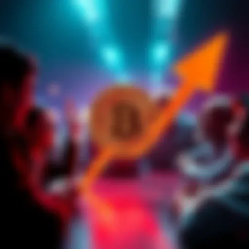 A graphic showing a Bitcoin symbol with an upward arrow, representing the target price of 50k, surrounded by excited investors discussing cryptocurrency.