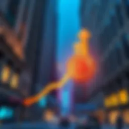 A visual representation of Bitcoin soaring in value with upward arrows and Wall Street buildings in the background.