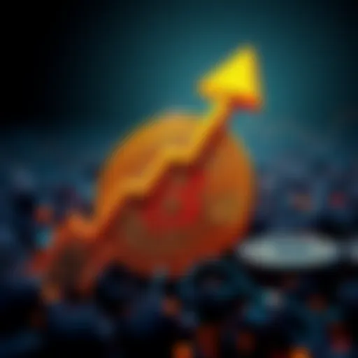 Bitcoin symbol with an upward trend arrow and dollar signs representing price increase