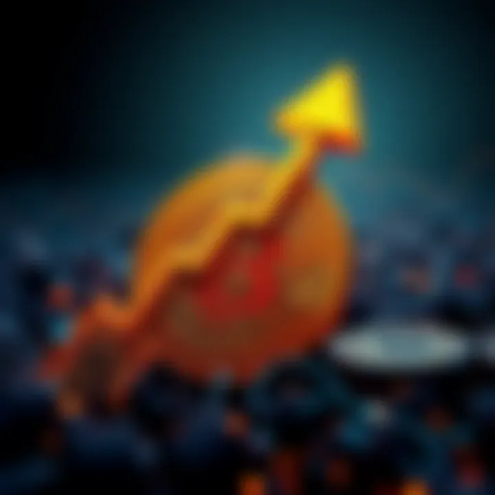 Bitcoin symbol with an upward trend arrow and dollar signs representing price increase