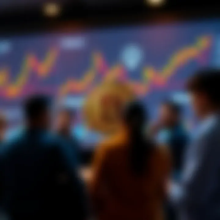 A group of people discussing Bitcoin price trends with charts and graphs in the background
