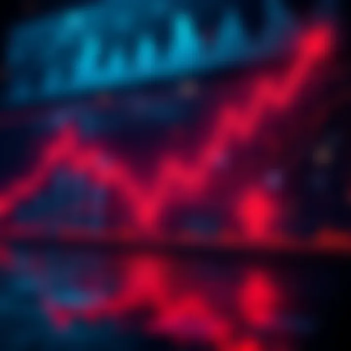 Graph showing a Bitcoin price drop with red warning signals and arrows pointing downwards