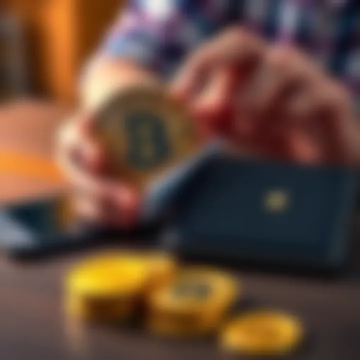 A person holding Bitcoin coins next to a private wallet on a table