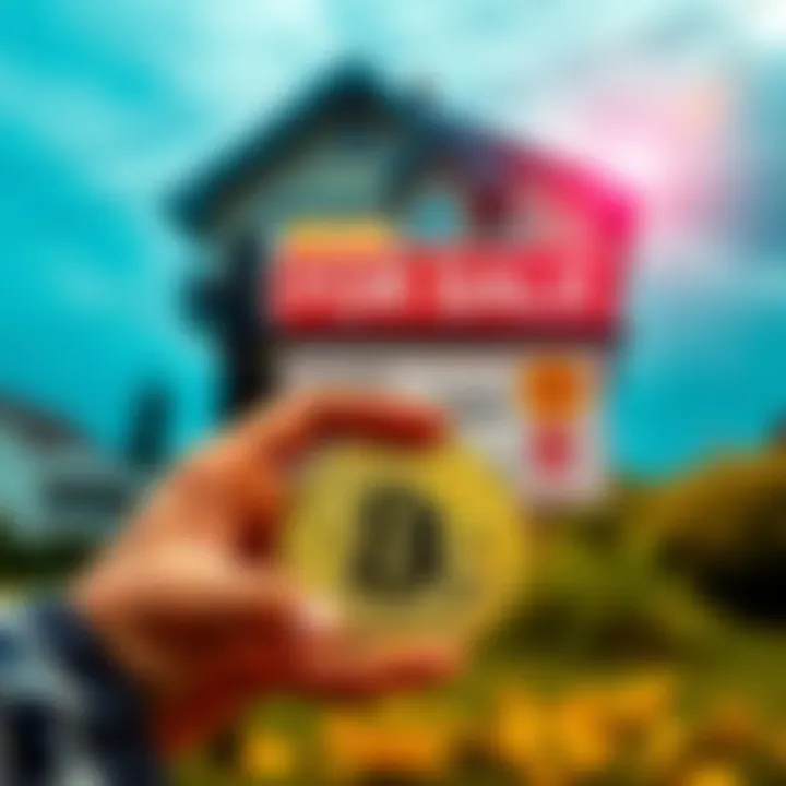 A person holding Bitcoin coins in front of a for-sale property sign, symbolizing challenges of using crypto for real estate purchases.