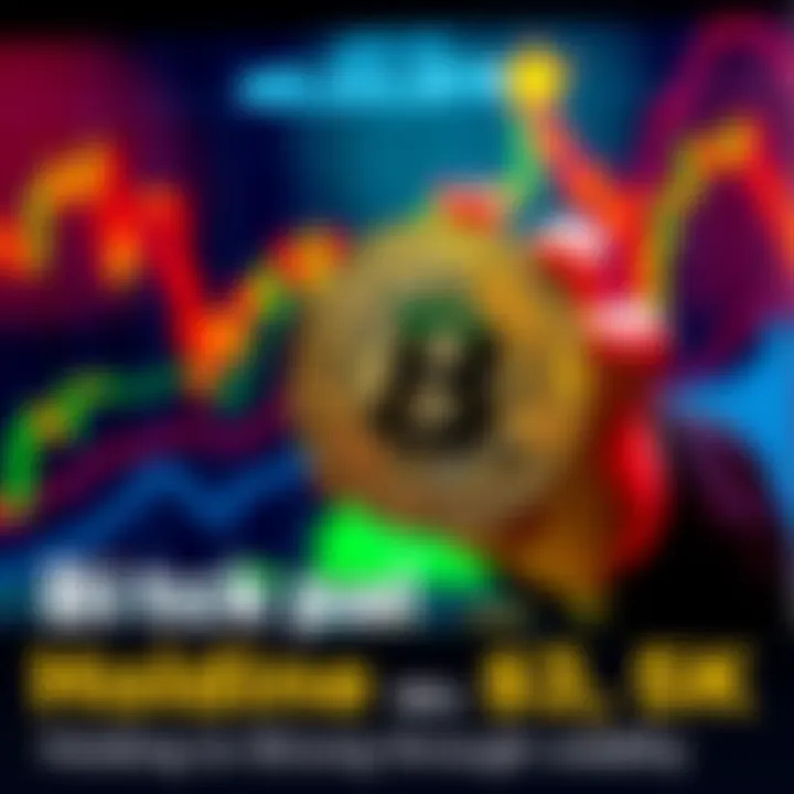 A person confidently holding a Bitcoin symbol with a fluctuating market chart in the background.