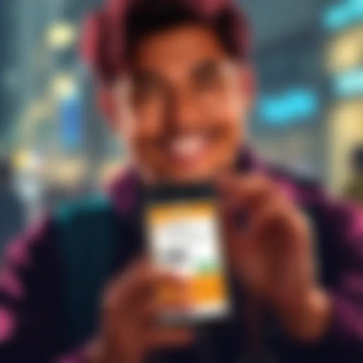 Bitcoin Purchase Concept A person smiling while holding a smartphone displaying a Bitcoin wallet with a $50 transaction confirmation.