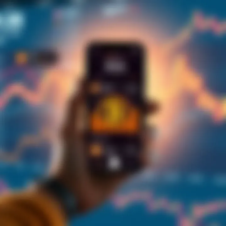 A person holding a smartphone displaying a cryptocurrency app with a Bitcoin logo, showing daily purchase updates, surrounded by charts and graphs, symbolizing investment growth.