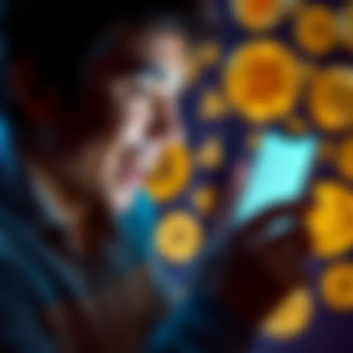 A person looking at old tweets about Bitcoin on a smartphone, smiling and laughing, with Bitcoin symbols in the background.